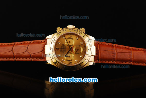 Rolex Daytona Oyster Perpetual Swiss Valjoux 7750 Automatic Movement Gold Case with Gold Dial - Diamond Markers and Brown Leather Strap - Click Image to Close